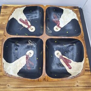 Snowman Painted 4 Divided Nut Dish Monkey Pod Wooden Mid Century Christmas 11.5"